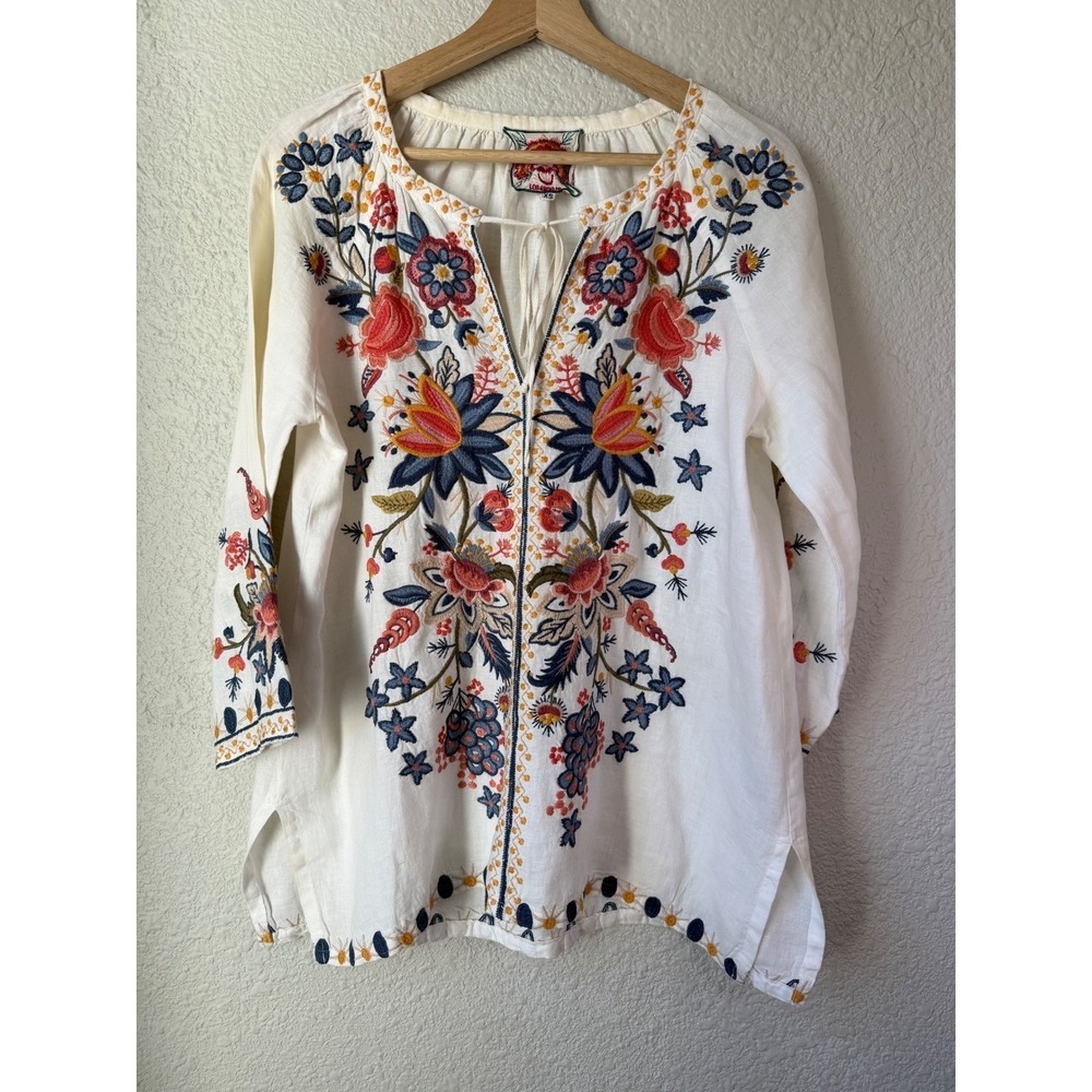 Johnny Was Los Angeles Ivory Linen Embroidered Floral Tunic Top  Boho Peasant XS